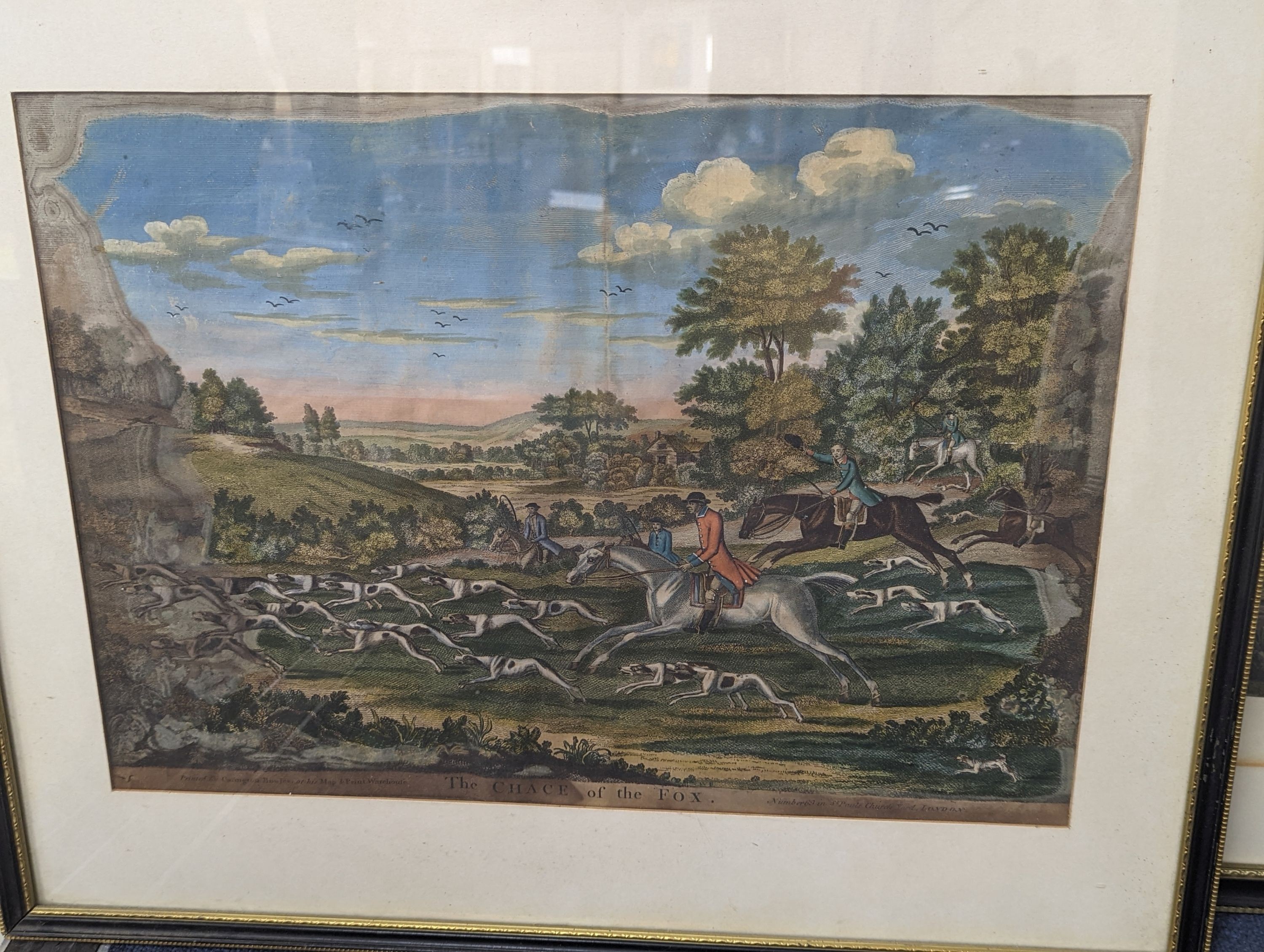 Carington Bowles, three coloured engravings, 'The Chace of the fox', 36 x 49cm and a Fores's Coaching Recollection - Changing Horses, 51 x 71cm